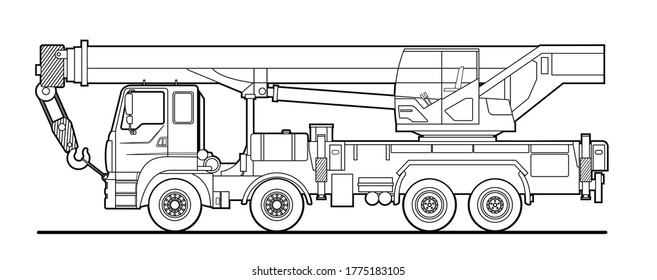 Vector outline of a truck crane; car with crane, side view. Linear drawing for coloring book for boys; contour. Modern flat vector illustration.