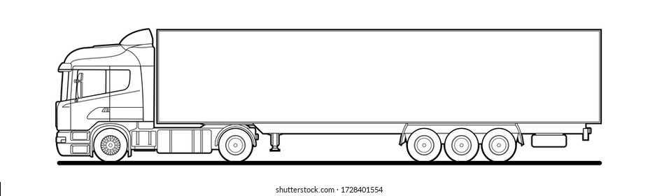 Vector outline truck, lorry, with semitrailer, side view. White blank template for truck, semi-trailer for advertising, for coloring book. Freight transportation. Modern flat vector illustration.