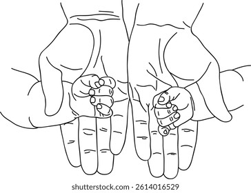 Vector outline of twin babies’ hands held by parents, minimalist line art symbolizing connection and family