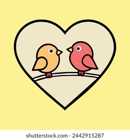 A vector outline of two birds perched on a tree branch, with a heart outline framing them, symbolizing love and 
 companionship.