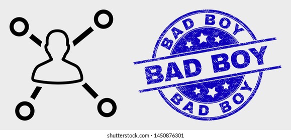 Vector outline user links pictogram and Bad Boy seal stamp. Blue round scratched seal stamp with Bad Boy title. Black isolated user links symbol in outline style.