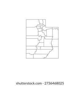 Vector outline of Utah with detailed internal region borders in black lines. Perfect for educational materials, travel, tourism, infographics, and design projects. Fully scalable EPS vector.
