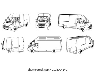 Vector outline van, lorry. Empty van template for advertising, for coloring. Freight transportation, delivery of goods, goods, products. Modern flat vector illustration isolated.