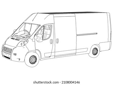 Vector outline van, lorry. Empty van template for advertising, for coloring. Freight transportation, delivery of goods, goods, products. Modern flat vector illustration isolated.