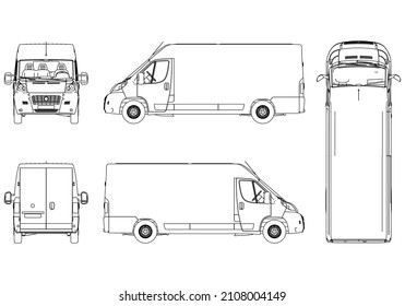 Vector outline van, lorry. Empty van template for advertising, for coloring. Freight transportation, delivery of goods, goods, products. Modern flat vector illustration isolated.