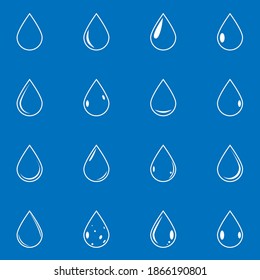 Vector outline water drop icon set on blue background. Flat droplet logo shapes collection