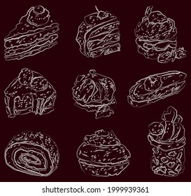 Vector outline watercolor brush drawings of various tasty brownies