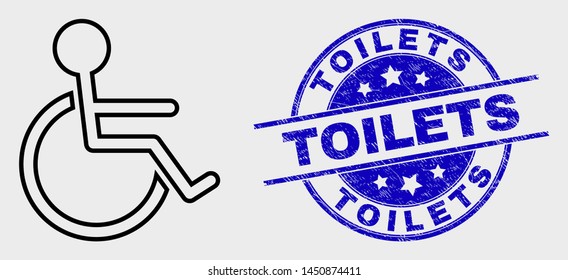 Vector outline wheelchair person icon and Toilets seal stamp. Blue round grunge seal stamp with Toilets phrase. Black isolated wheelchair person icon in contour style.