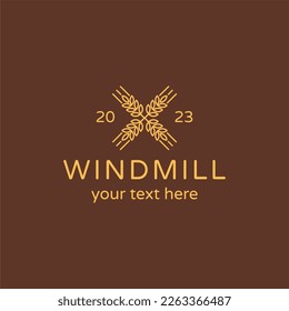 Vector Outline WindMill Logo with Blades in the Form of Wheat on Brown Background.