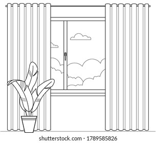 Vector outline window with summer landscape. Morning, day, evening, night outside the window with curtains. Modern flat cartoon style vector illustration. For coloring book page.