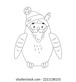 Vector contorno búho de invierno vestido con sombrero de santa y barba. Caricatura estacional de contorno de pájaro salvaje para fiesta de navidad