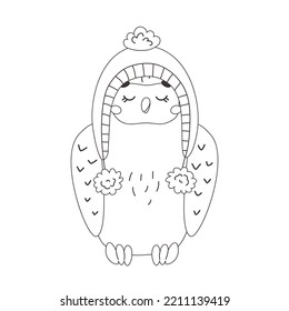 Vector outline winter owl dressed in scarf and warm hat. Cute seasonal cartoon character of contour wild bird for new year and christmas party