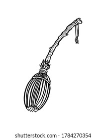 A vector outline witch's broom isolated on a white background. Doodle design of stick for Halloween or tattoo. Stock illustration