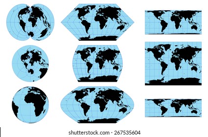 Vector outline world maps in different projections 