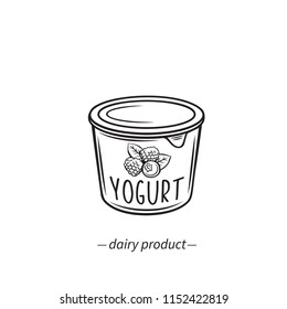 Vector outline yogurt icon with berries. Dairy product for menu breakfast and design market. Retro style.