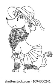 Vector outlined doodle coloring book page cute poodle dog breed dressed in dress and hat . Anti-stress for adults and children