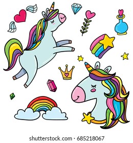 Vector outlined doodle hand drawn set of flying magic horse unicorn, rainbow stars, shining gem, flying heart with wings and love potion bottle, king crown. Cartoon comic cute style isolated set