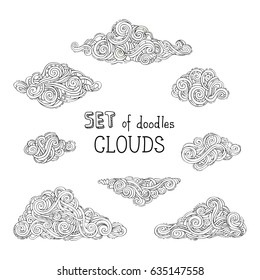 Vector outlined doodles clouds set. A lot of various linear clouds isolated on white background. Hand-drawn swirls, strokes, spirals and curls.