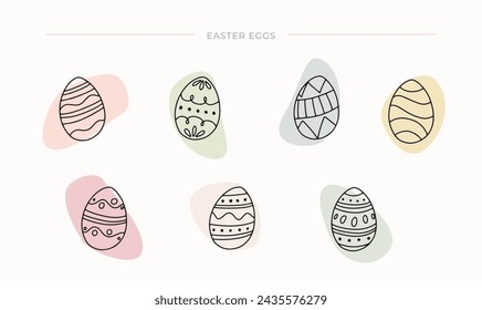 Vector outlined easter eggs illustration, april seasonal doodl eggs set collection hand drawn isolated simple graphic traditionnal shape coloring Pâques Happy easter icons rabbit basket design card