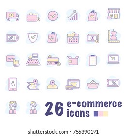 Vector outlined e-commerce shopping icons set. Flat soft colors icons. Online buying, shopping cart, sale, atelier, shipping, credit card and other icons