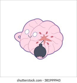 A vector outlined flat illustration of a brain holding the bomb in its hands, the metaphor of patience