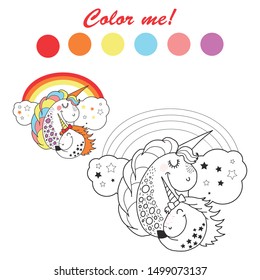 Vector outlined funny unicorn coloring book page. With color pallette and simple exampe how to color. Usuful for children and preschool educational book, print, poster, coloring book, kids designs