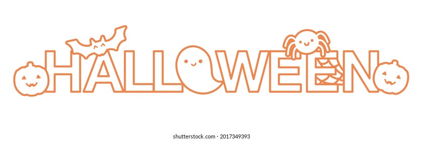 Vector outlined Halloween word decorated with spooky holiday illustration elements:  bat, pumpkin, ghost and spider. Orange quote isolated on a shite background.