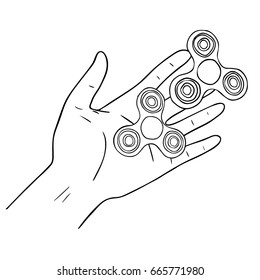 Vector outlined hand drawn inked style illustration of hand holding playing two antistress toys fidget spinners 