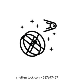 Vector outlined icon of a futuristic spaceship and satellite with stars