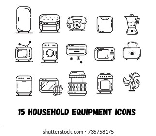 Vector outlined icons. Household equipment icons set: fridge, microwave, oven, blender, toaster, fan, air conditioning, dishwashing and washing machine, balcony, floor scale, sofa, television