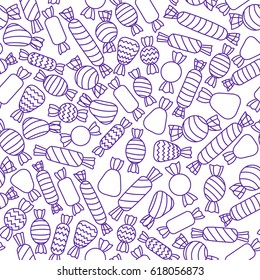 Vector outlined purple candies on the white background. Seamless pattern.