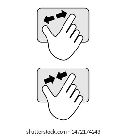 Vector outlined set of hands on touchpad with fingers zooming in and out. Zoom out, zoom in fingers on touch screen