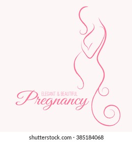 Vector outlined silhouette of expectant woman. Beautiful pregnancy - vector background. Pale pink color palette