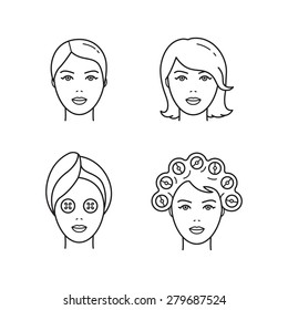 Vector Outlined Woman Faces, Beauty Skin and Hair Care icon set