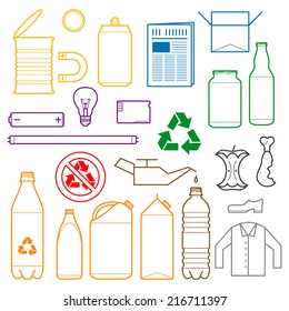 vector outlines icons paper plastic battery metal glass organic paper hazardous for separate collection of waste