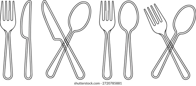 Vector de contornos o íconos de utensilios de cocina y cubiertos estándar, presentados en un estilo limpio y gráfico.