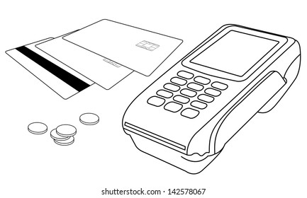 Vector outlines of POS terminal, credit cards and few coins