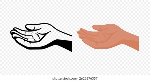 Gesto De Mão Alargada De Vetor. Abra o ícone da mão de doação em preto e tom de pele, Silhueta. Elemento de design para ajuda, conceito de recebimento. Símbolo de Mão de Retenção em Design Plano Mínimo