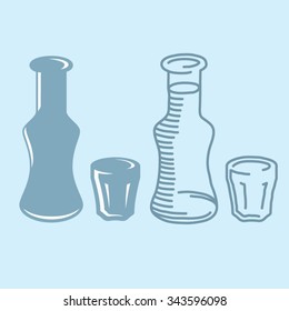 Vector ouzo and tsipouro karafaki bottle and glass - icon and line art sketch