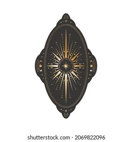 Vector oval celestial sticker with a golden shining star in frame with moon phases and crescents. Sketch tattoo in boho style on a black background. Elliptical ornate retro label with mystical symbol 