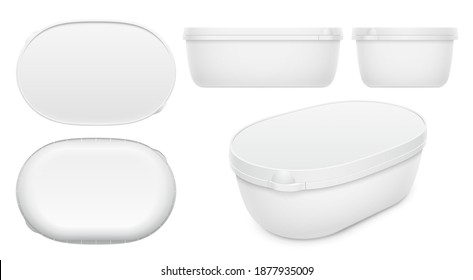 Vector oval container for ice cream, butter or margarine spread. Top, bottom, front, side and perspective views isolated on white background. Packaging template illustration.