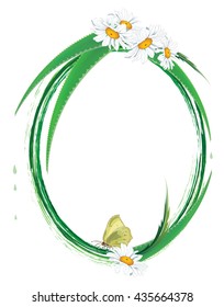 vector oval  floral frame with aloe, butterfly and daisy