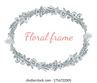 Vector oval floral frame on a white background with the words "floral frame" in the middle