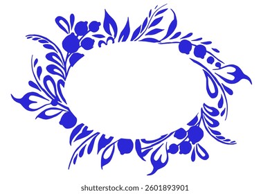 Vector oval frame of blue ornaments in Russian style. Drawing for porcelain painting.