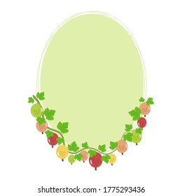 Vector oval frame decorated with gooseberry branches of different colors with leaves.