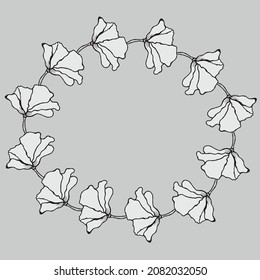Vector oval frame decorated with hand drawn delicate hibiscus flowers. 