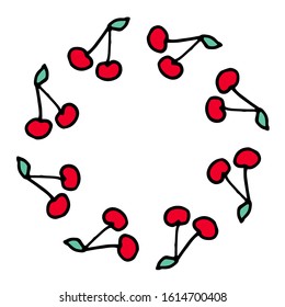 Vector oval frame with doodle candies. Sweet are hand drawn with black stroke. Cherry, cakes, bakery. Isolated on white background. Copy space.