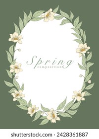 Vector oval frame with freesia flowers and leaves on white background. Spring title. Invitation design. Greeting card.