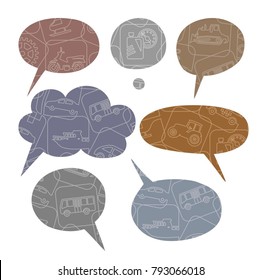 Vector oval frame for text. Outline drawing of vehicles and equipment on a color, flat background.  