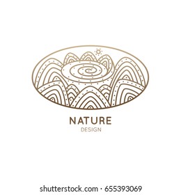 Vector oval logo of nature elements. Linear icon of landscape with mountains, river, sun - business emblems, badge for a travel, tourism and ecology concepts, health and yoga Center.